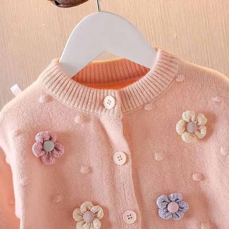 Kids Girls Sweater Korean Knitted Cardigan 2023 New Flower Autumn Top Children\'s Versatile Long Sleeve Coat 1 3 5 7T