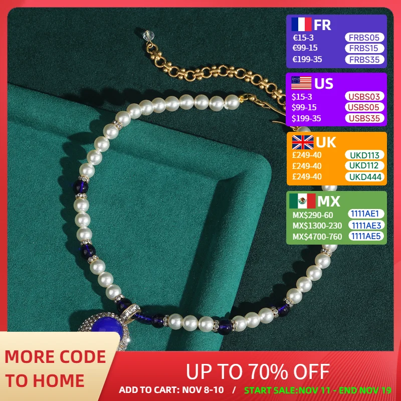 

Vintage Glass Blue Pearl Chain Lapis Lazuli Pendant Necklaces Luxury Designer Jewelry Brands For Woman Accessories Wedding Party