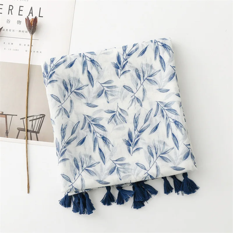 Korean style fashionable blue main tone cotton and linen feel scarf with printed design fresh and sweet tassel shawl for women