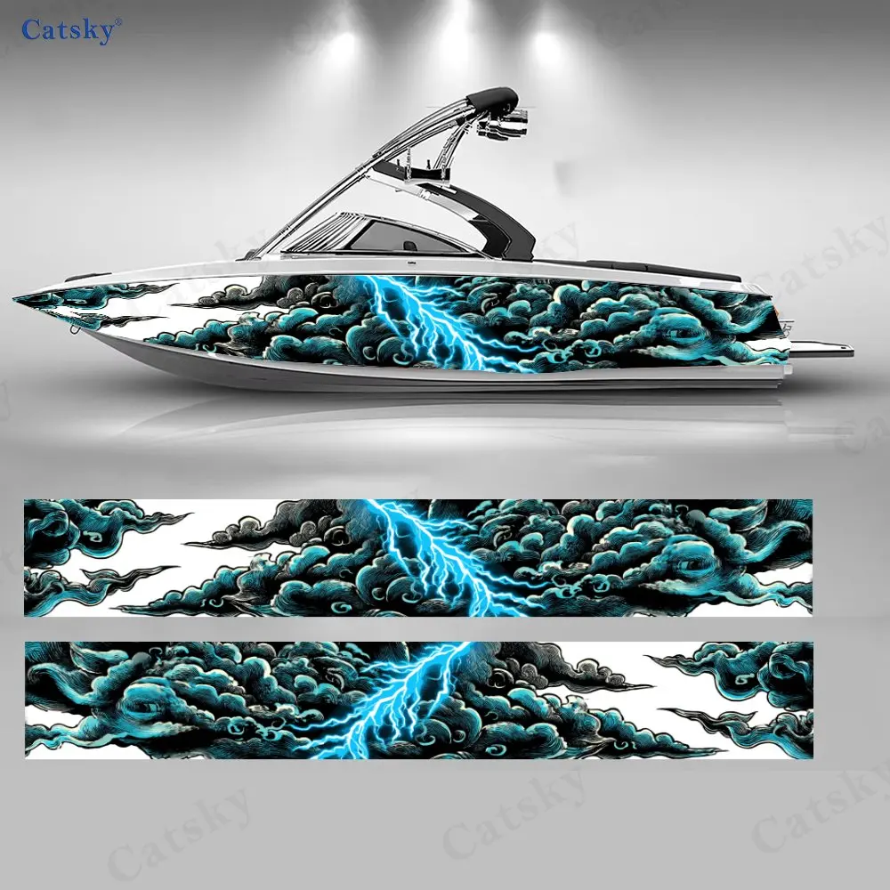 

2Pcs Cyan Ink Thunderstorm Boat Stickers, PVC Waterproof Durable Vinyl Wrap Decals for Fishing Boats, Durable and Stylish Design