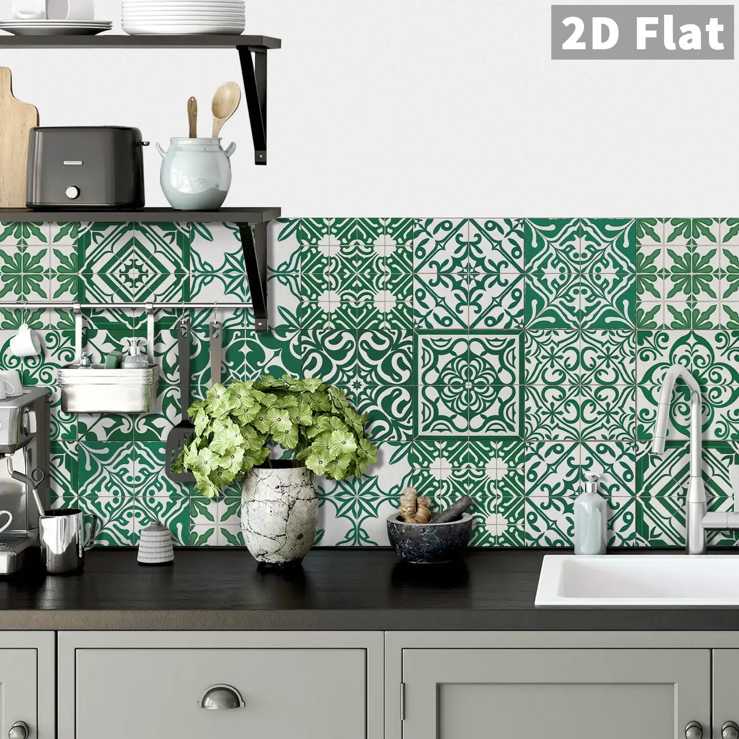 

48 pieces of green and white retro flower brick wall stickers for kitchen and bathroom wall decoration in multiple sizes