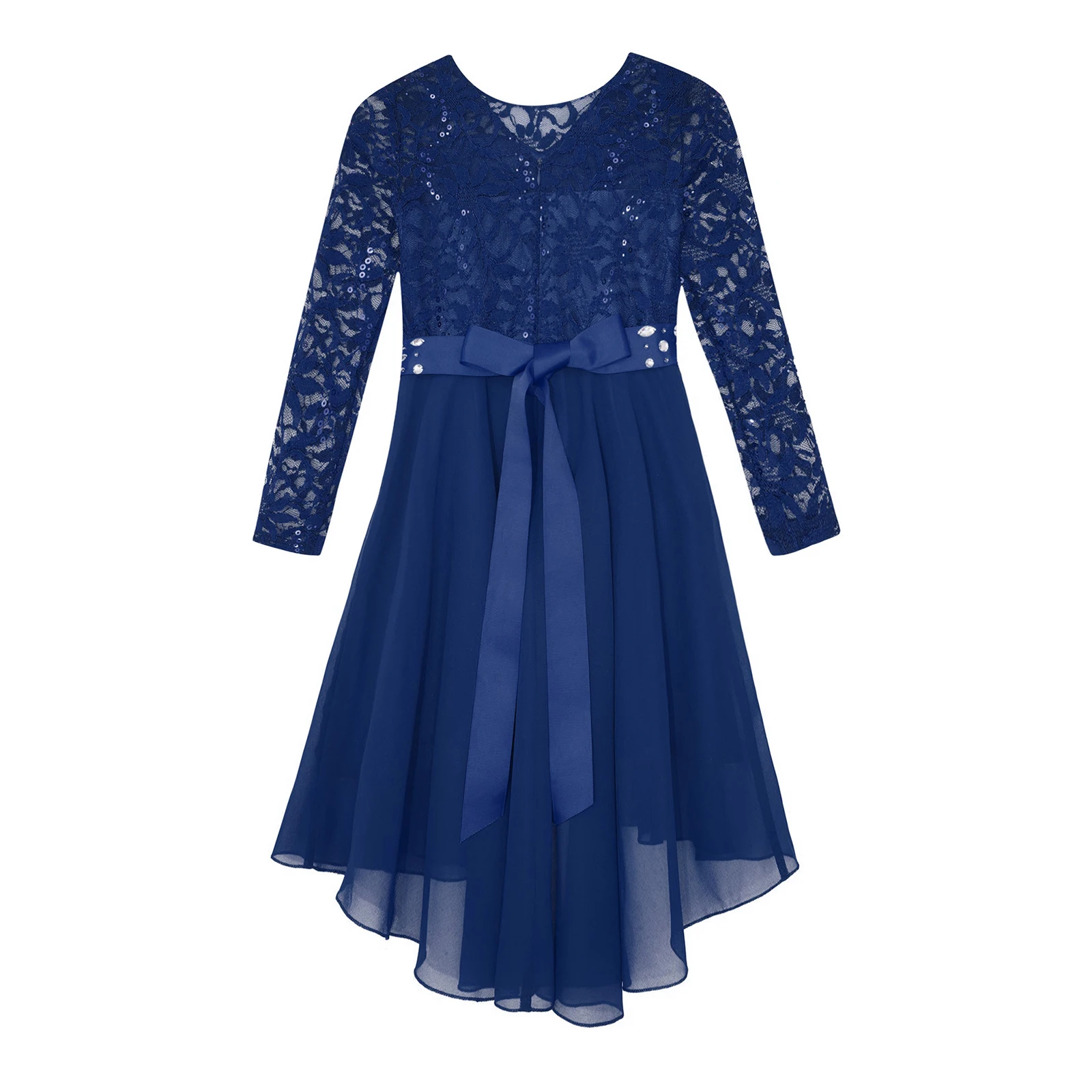 Kids Girls Elegant Lace Party Gown Chiffon Splicing Long Sleeve High-Low Hem Dress with Rhinestones Sash for Wedding Birthday