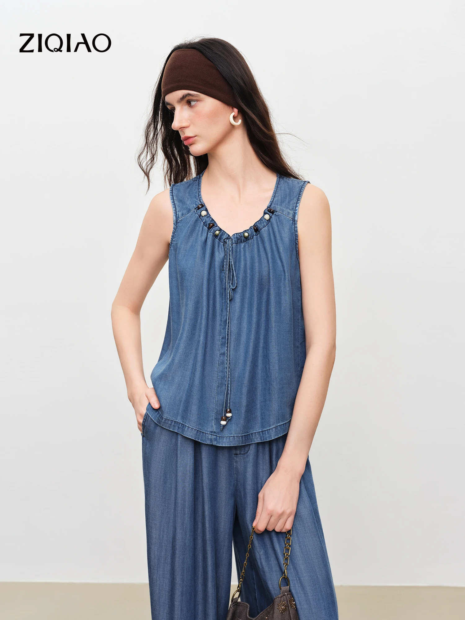 

ZIQIAO Women Sleeveless Top High Waist Pants Set Solid Color Loose Casual Floor Length Trousers Two Piece Outfit Denim Blue