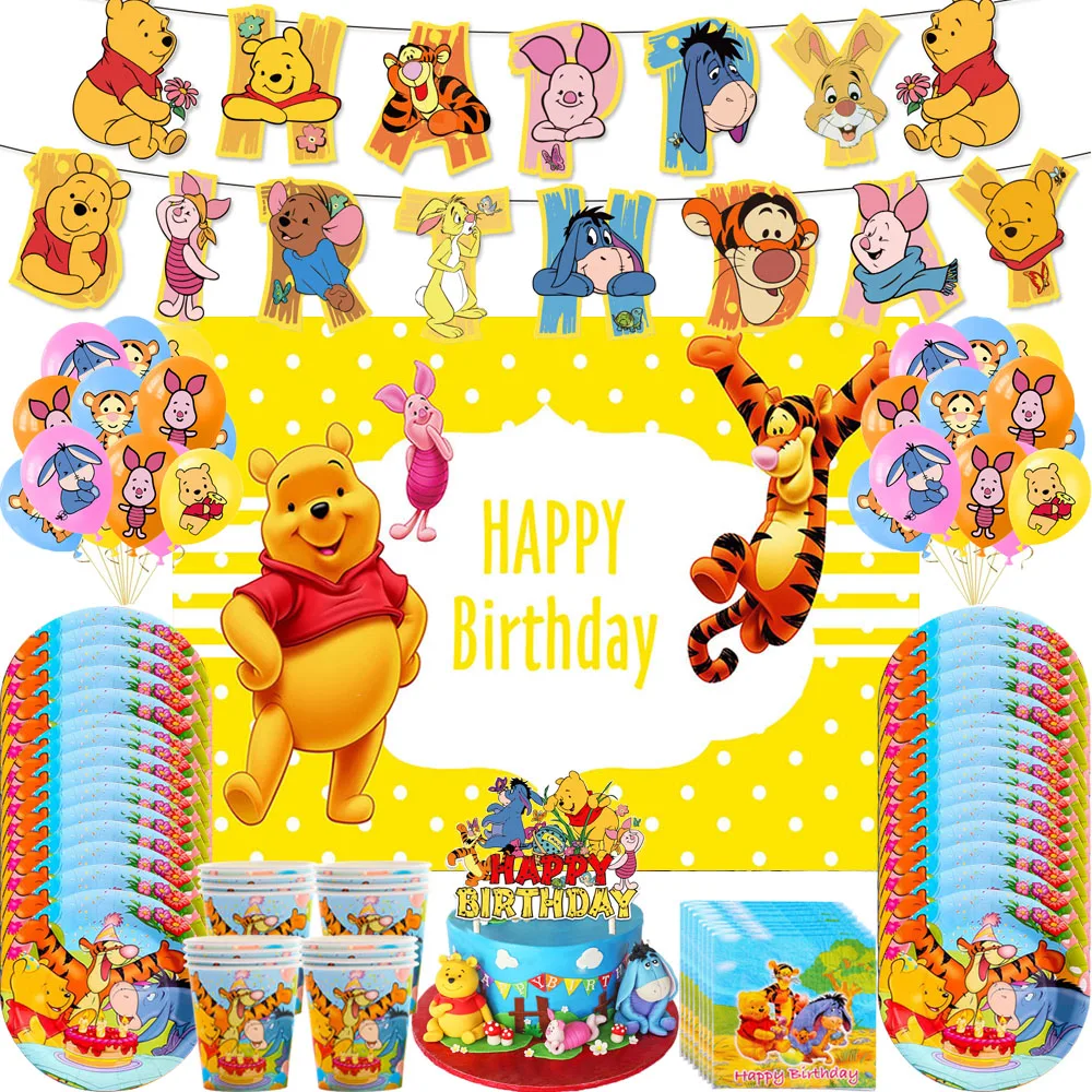 Disney Winnie the Pooh Party Supplies Disposable Tableware Birthday Decorations Paper Napkin Plate Cup Tablecloth Latex Balloon