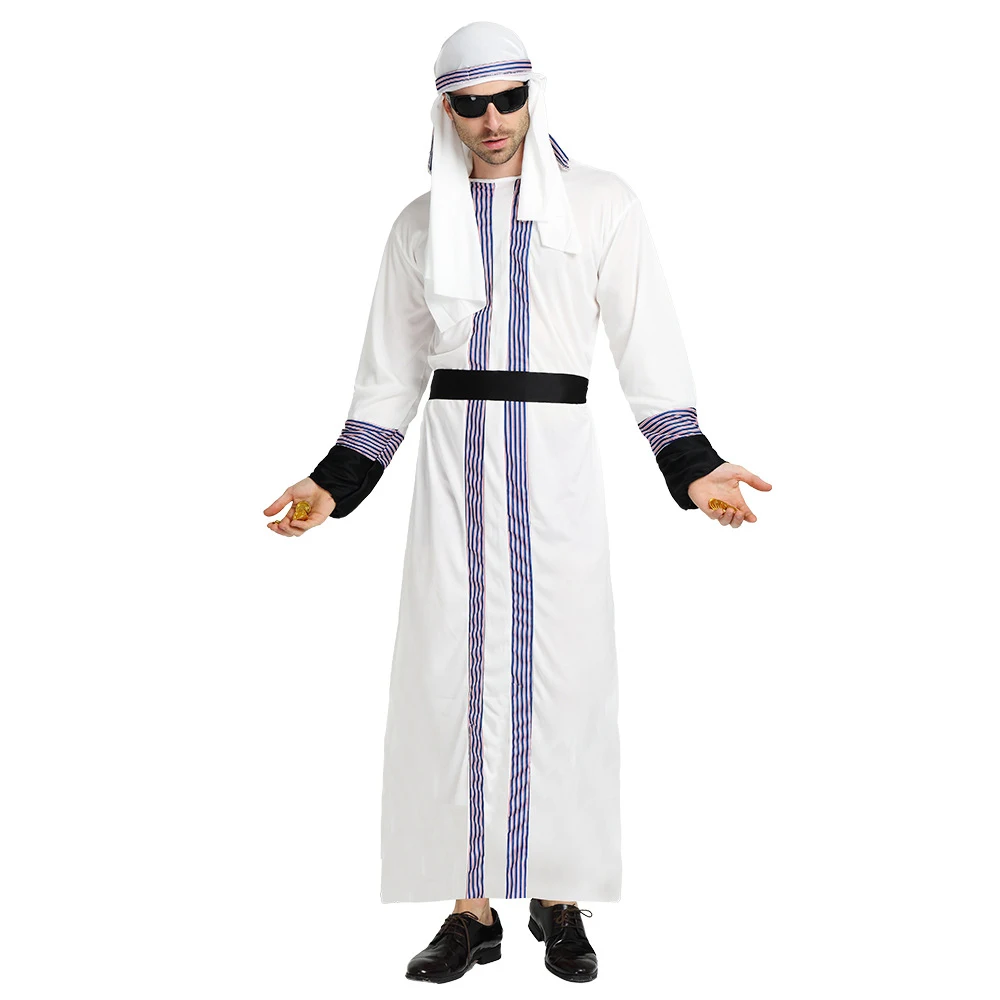 Adult Men Arabian Arab Sheikh Cosplay Costume Dubai Rich Man Middle East Clothes Sultan Purple Stripe Robe Purple Headband