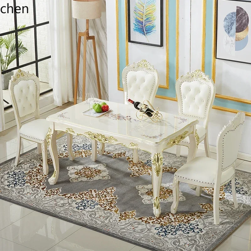 HXL طاولة طعام أوروبية وكرسي مجموعة غرفة المعيشة المنزل طاولة طعام رخامية من الخشب الصلب
