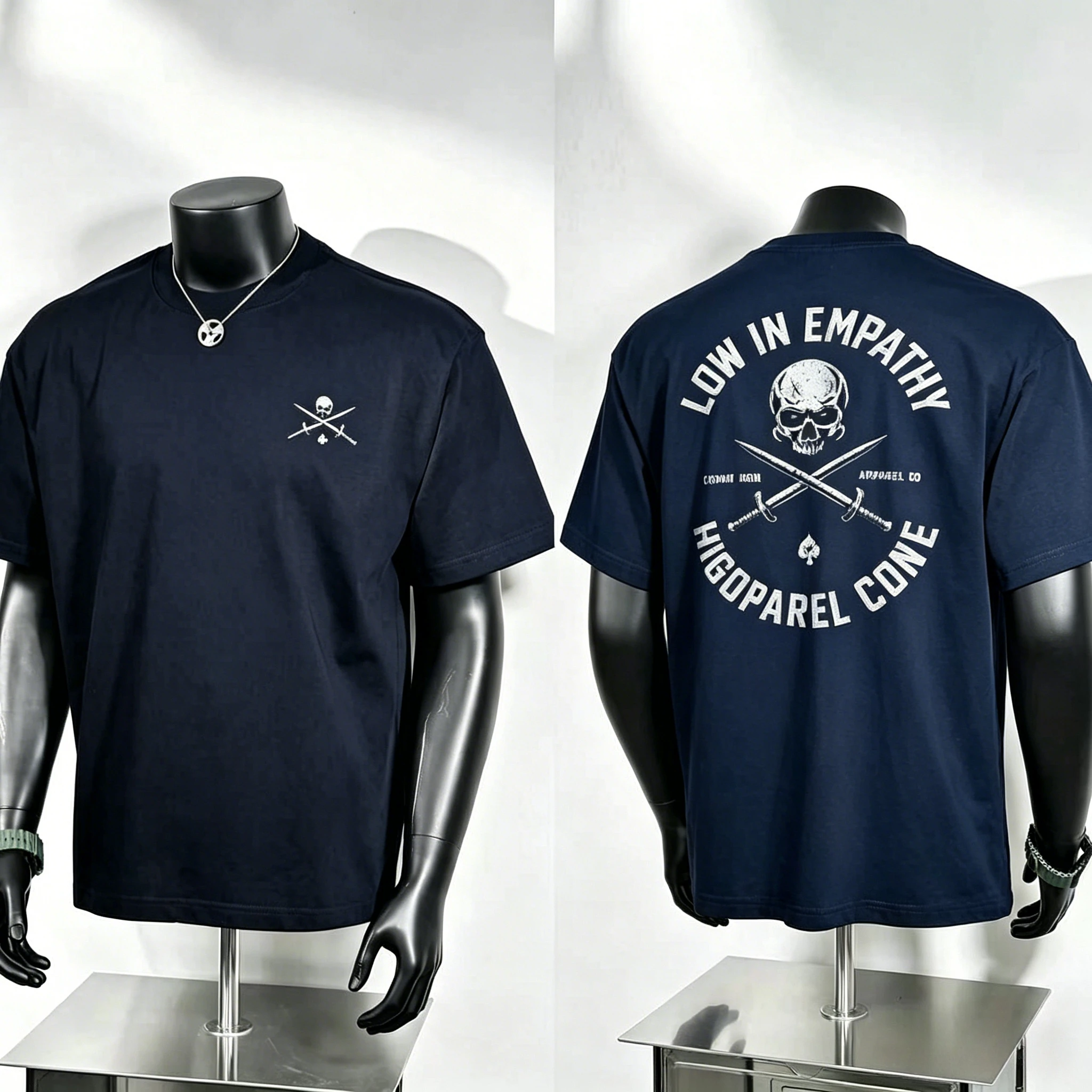 Pirate Skull Crossed Swords T Shirt, Retro Worn‑Effect Skull Art with Spade Symbol Back Print, Edgy Gothic Street Tee