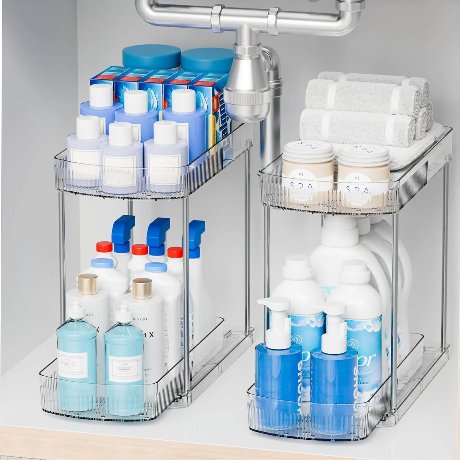 

2 Pack Pull Out Bathroom Organizer, 2 Tier 12.8" Tall Sliding Under Sink Storage for Cleaning Products, Acrylic Clear