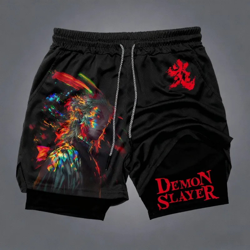 

Demon Slayer Kyojuro Rengoku Flame Hashira Holographic Anime Print 2-in-1 Training Shorts Men's Performance Gym Shorts