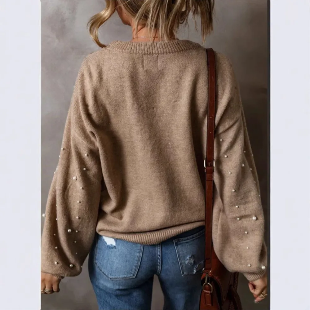 Winter Clothes Woman Pulls Femmes Loose Long-sleeved Beaded Crew Neck Pullover All-match Simple Style Sweater Trendy Comfortable