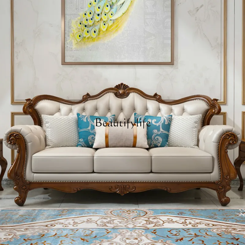 **European leather sofa American solid wood carving flower first layer cowhide size apartment