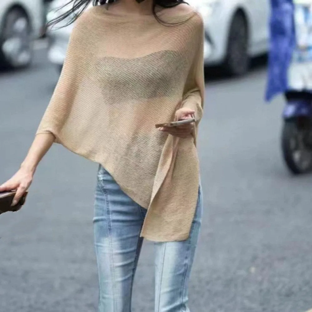 Elegant Irregular Knitted Off Shoulder Shawl Wrap Crochet Top Women Cloak Mesh Solid Color Evening Capes Summer/Spring