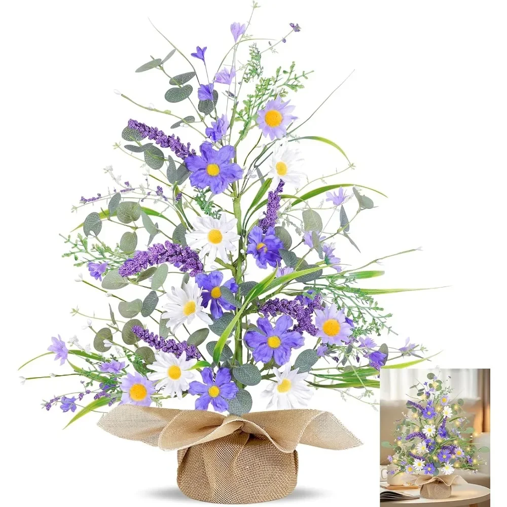 

Artificial Summer Trees Tabletop Decorations, Lighted Artificial Tree with Eucalyptus Wildflower Daisy Lavender Flowers Linen