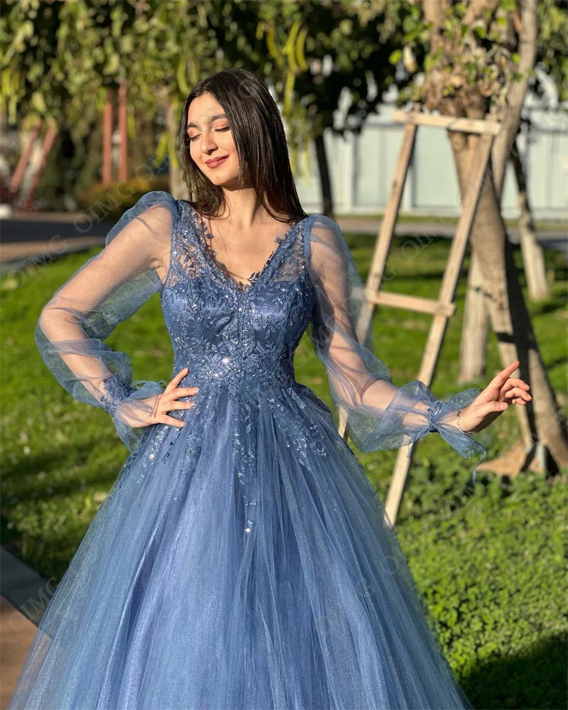 OIMG Dusty Blue Tulle فساتين سهره فاخره2024 Shiny Lace A-line Floor Lenght Prom Dresses Elegant Long V Neck Vestidos De Noche