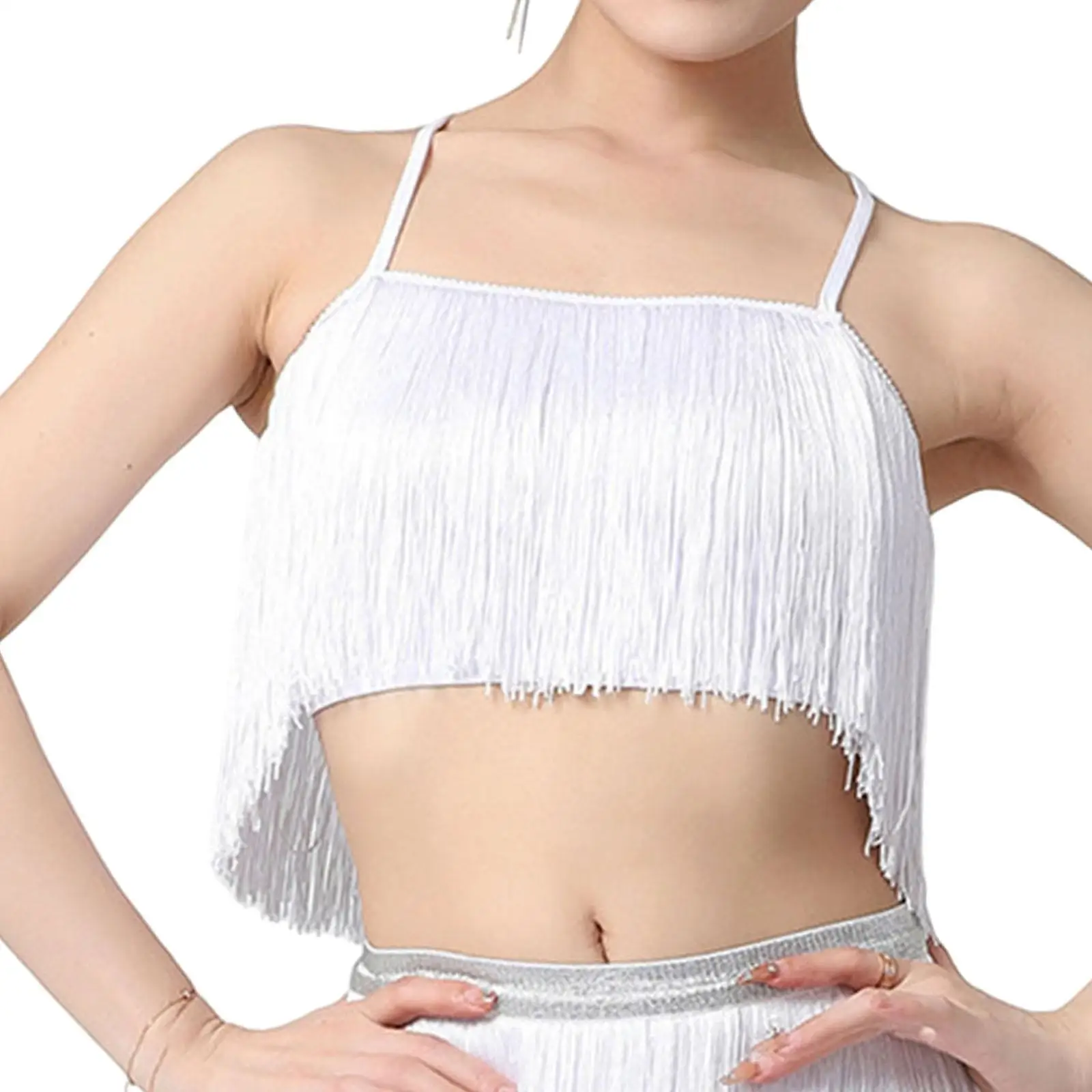 Women Latin Dance Crop Top Halter Neck Fringe Tassel Vest Polyester Performance Dancewear for Practice Festival Costume Outfit
