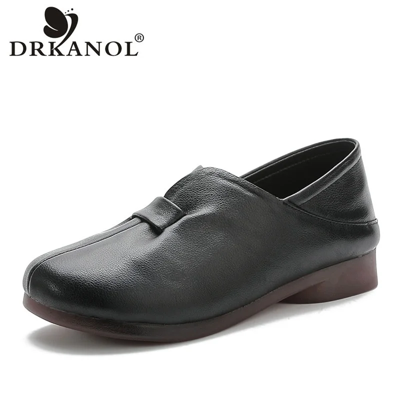 

DRKANOL Fashion Women Flat Shoes Spring Autumn Shallow Genuine Leather Slip-On Loafers Women Round Toe Soft Bottom Casual Shoes