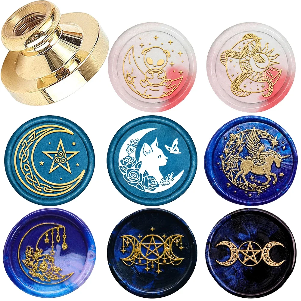 Sello de cera con patrón de diosa de la luna Triple y pentagrama, sello de cera de latón reemplazable de 25mm para decorar cuadernos, tarjetas de regalo