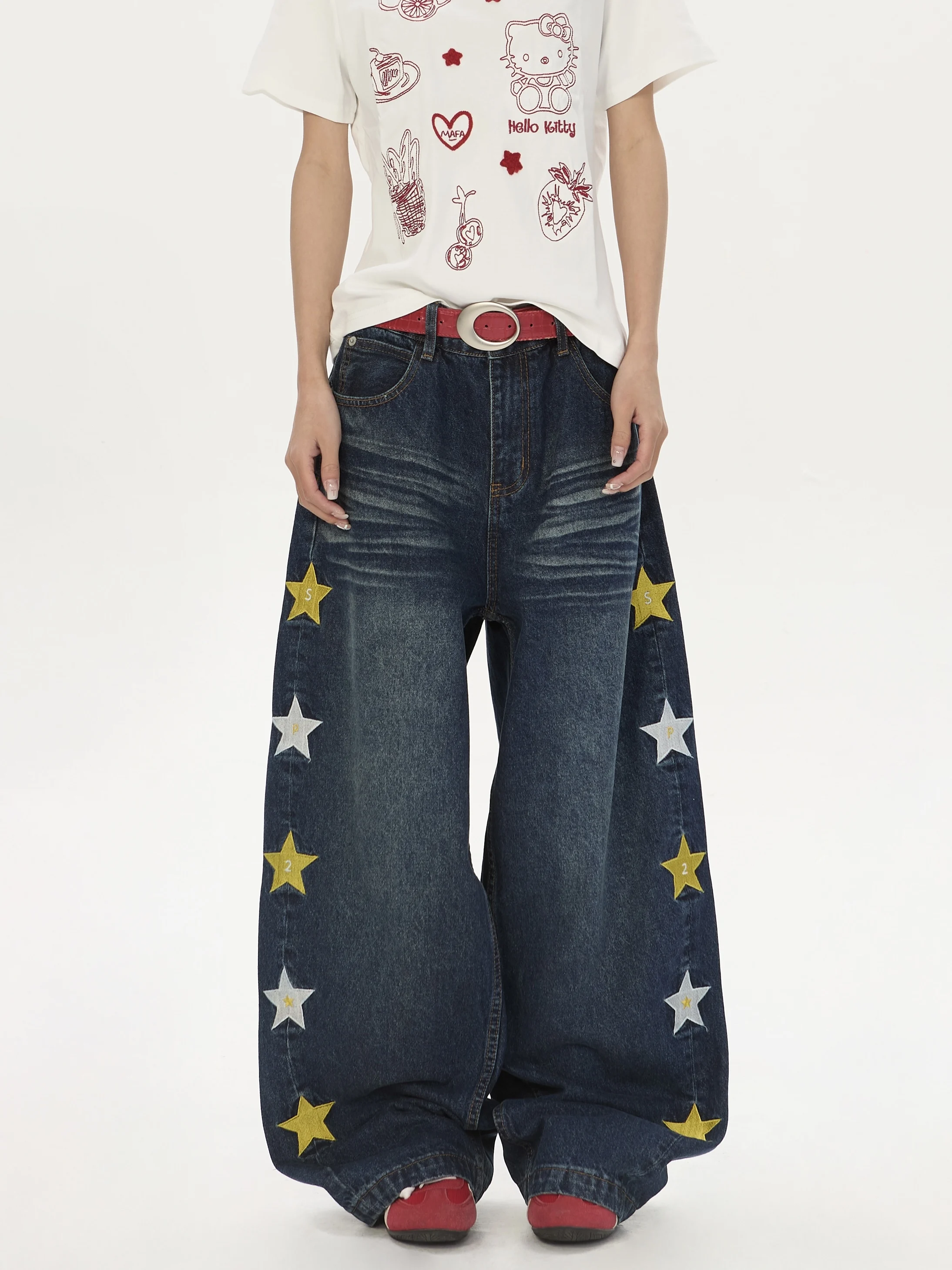 

Loose Straight Leg Jeans Women's Wide Leg Pants American Design Star Embroidery Knife Casual Long Trousers