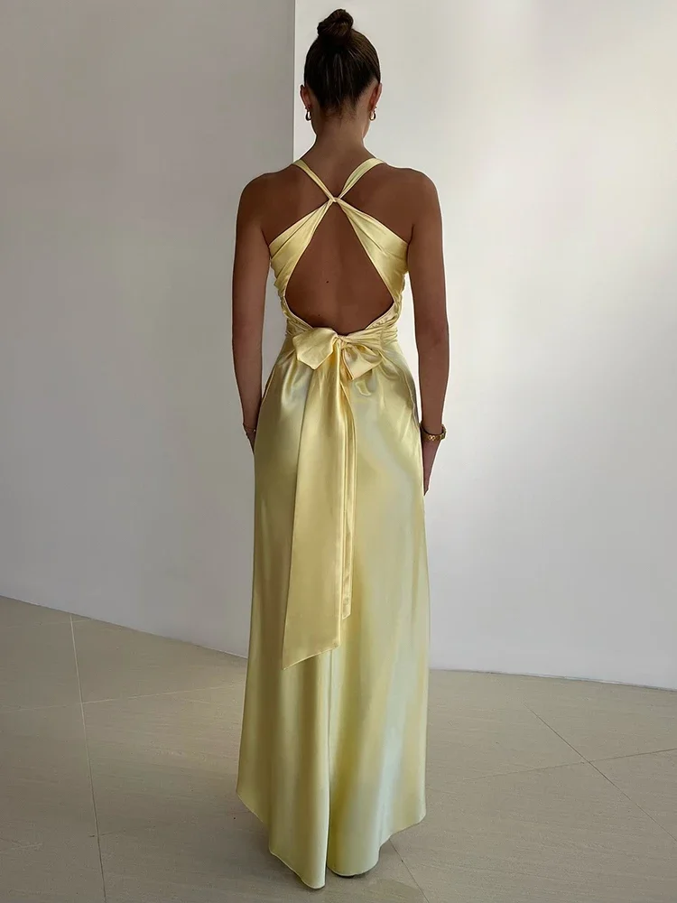 Mozision Satijnen Strik Backless Sexy Maxi Jurk Voor Vrouwen Jurk Mode V-hals Mouwloos Club Feestavond Jurk Elegant