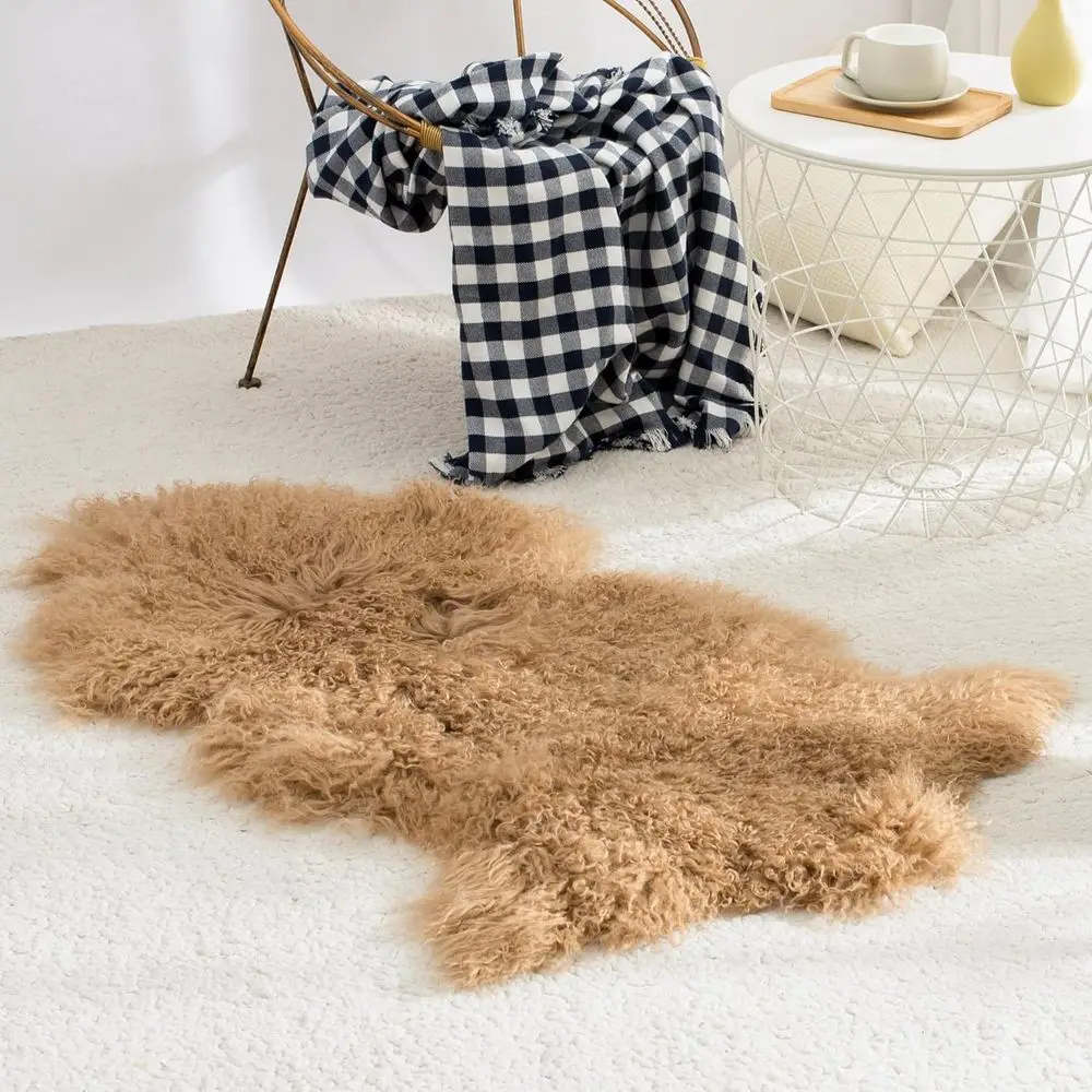 Authentic Lightweight Fluffy Mongolian Wool Sheepskin Rug, 2x3ft, for Couch, Bed, Bedroom, Living Room, Camel