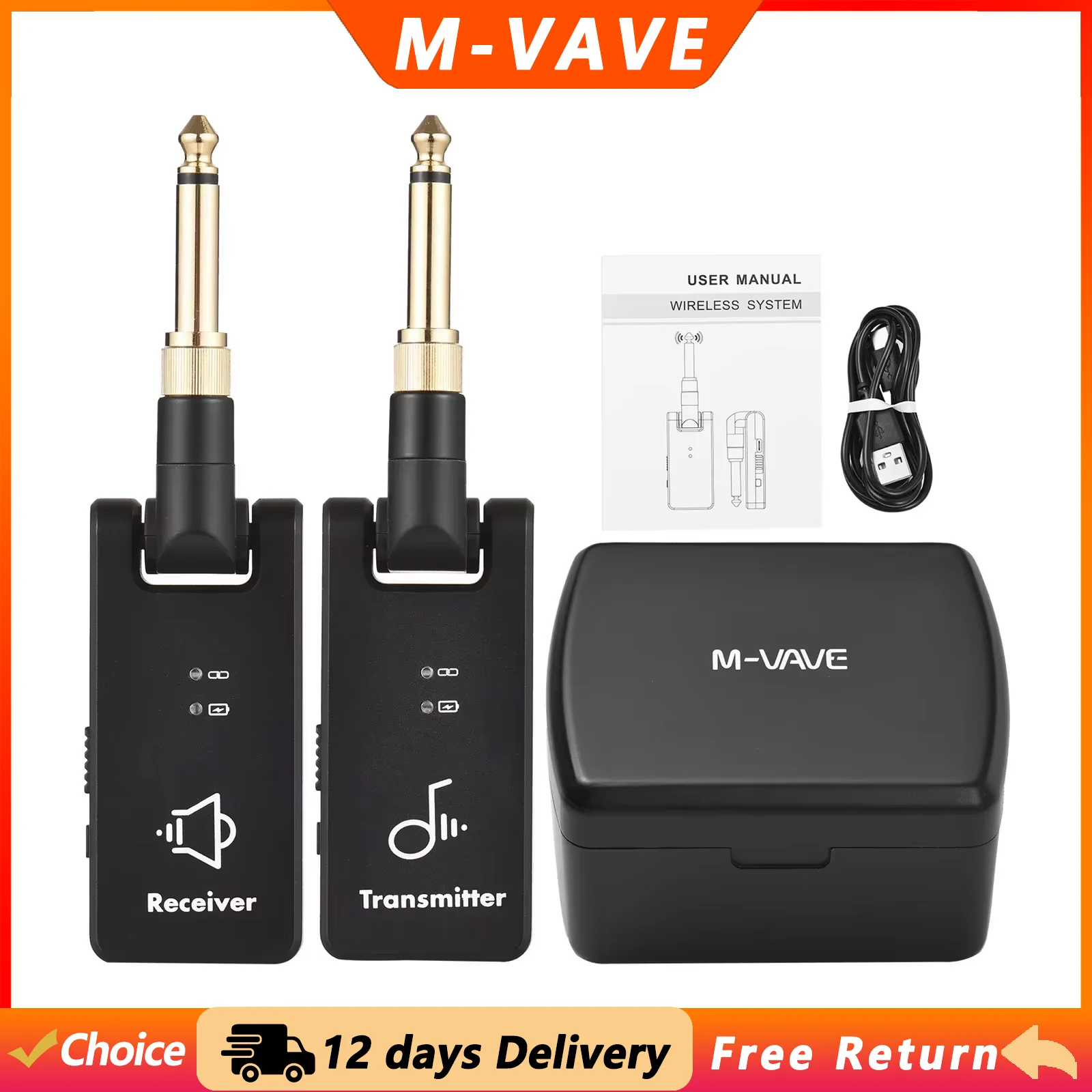 M-VAVE 2.4G Wireless Guitar System WP-8 Guitar Transmitter Receiver 2 in 1 Plug 4 Channels Guitar Wireless with Rechargeable Box