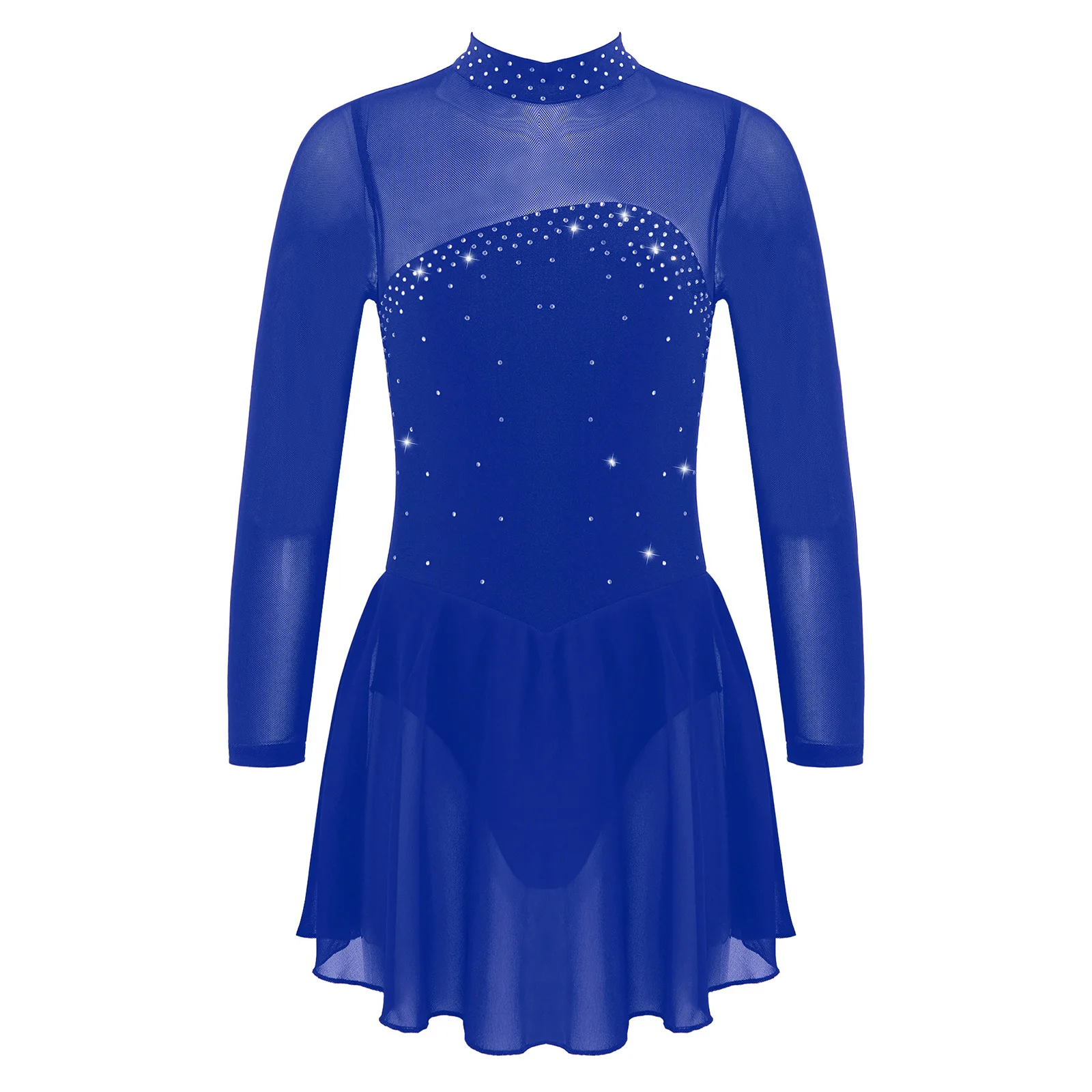 Vestido de patinaje sobre hielo brillante para niñas, vestido de malla transparente de manga larga con espalda abierta, vestido de leotardo de danza lírica de Ballet