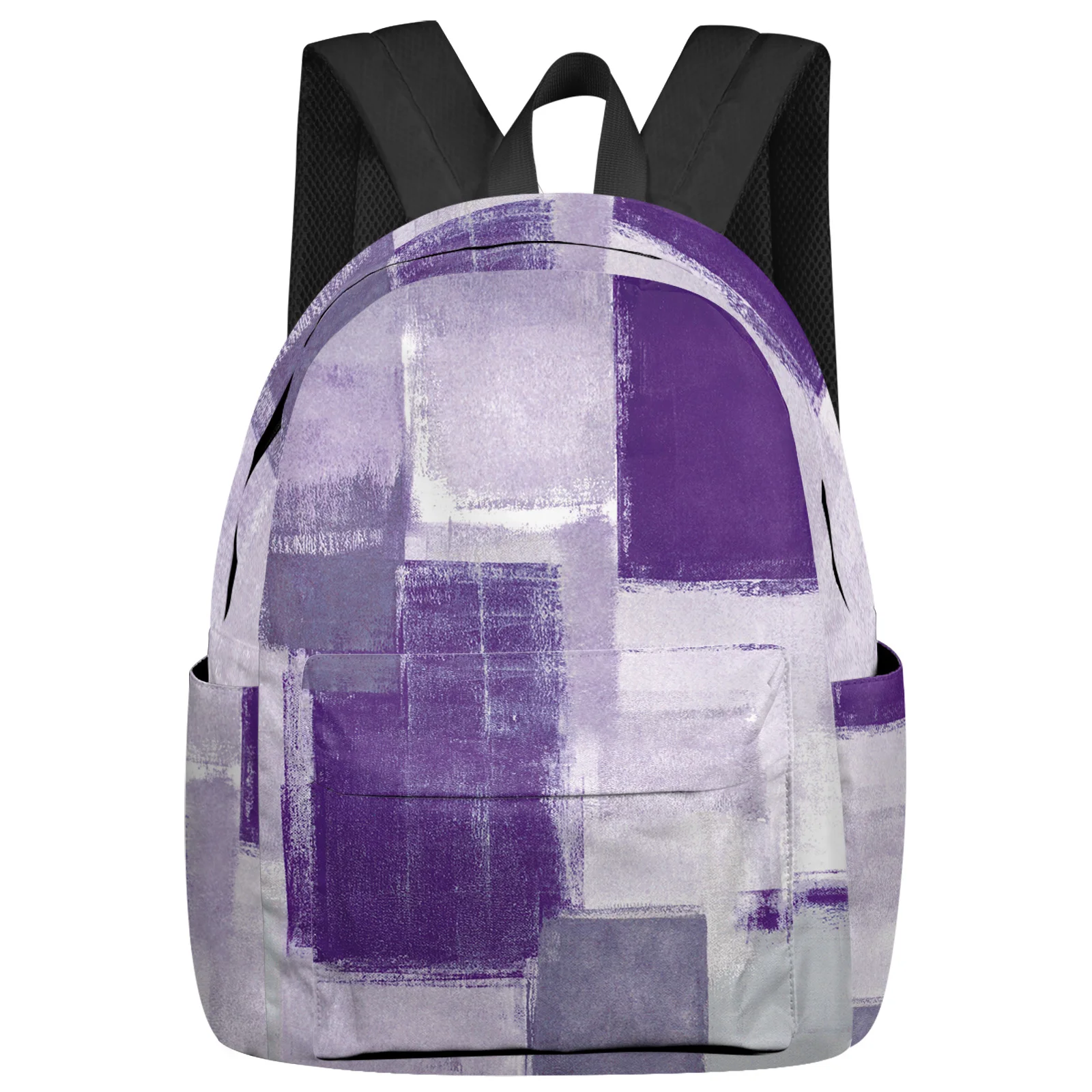 Mochilas de textura abstrata de graffiti quadrado, mochila escolar impermeável para meninos e meninas estudantis, cor roxa, homem e mulher