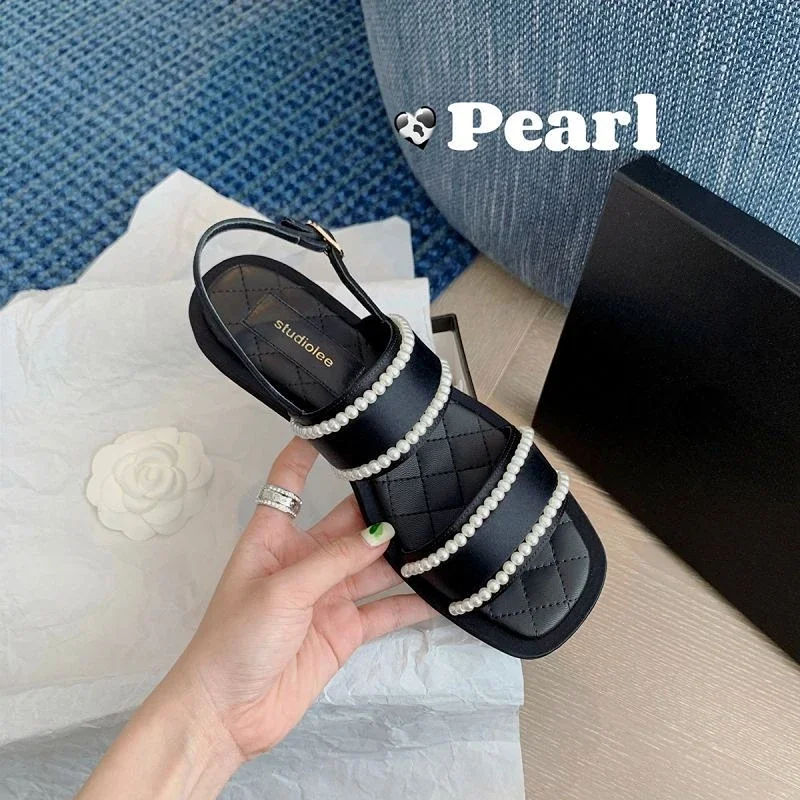 2022 Women\'s Pearl Sandals Female Ankle Buckle Flats Ladies Non Slip Summer Sandalias Mujer Peep Toe Woman Beach Footwear