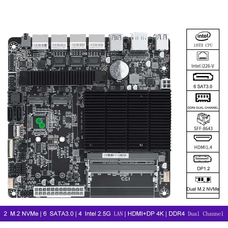 J4125 NAS Motherboard 6 Bay NAS Board 4 Intel i226-V 2.5G 2 M.2 NVMe ASM1064 Chip 6 SATA3.0 2*DDR4 HDMI DP 17x17 Mini ITX board