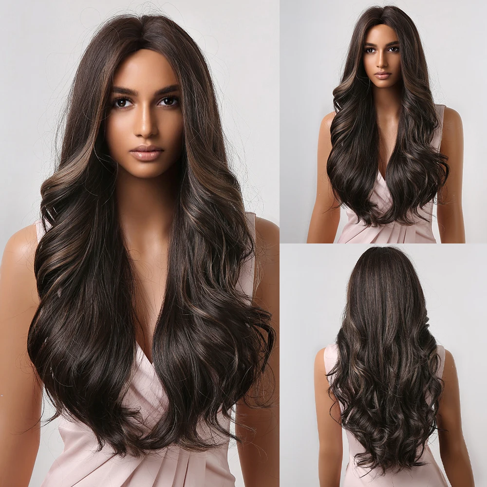 

GEMMA Blonde Highlight Long Wavy Brown Wigs for Women Synthetic Natural Wave Wig Middle Part Heat Reaiatant Fibre Cosplay Hair