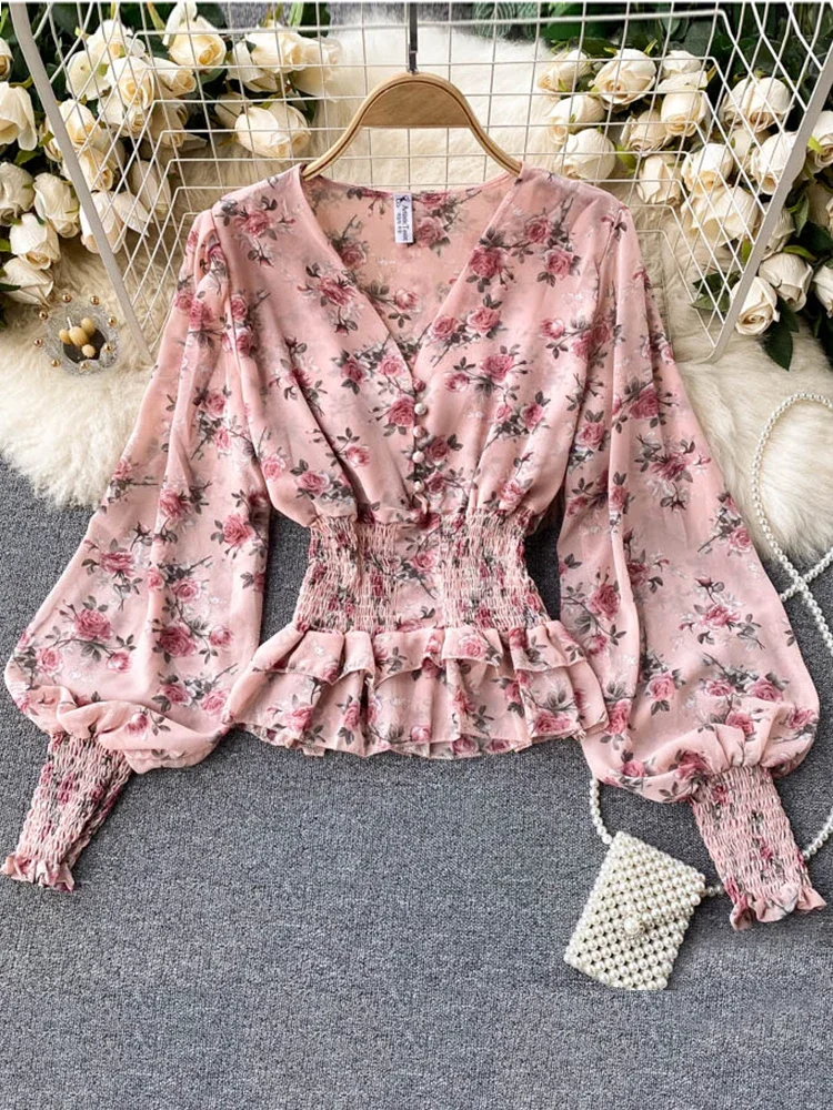 Spring New Chiffon Blouse Female Sweet Wood Ears Waist and Thin Blusa Temperament V-neck Slim Short Puff Sleeve Shirt Tops C275