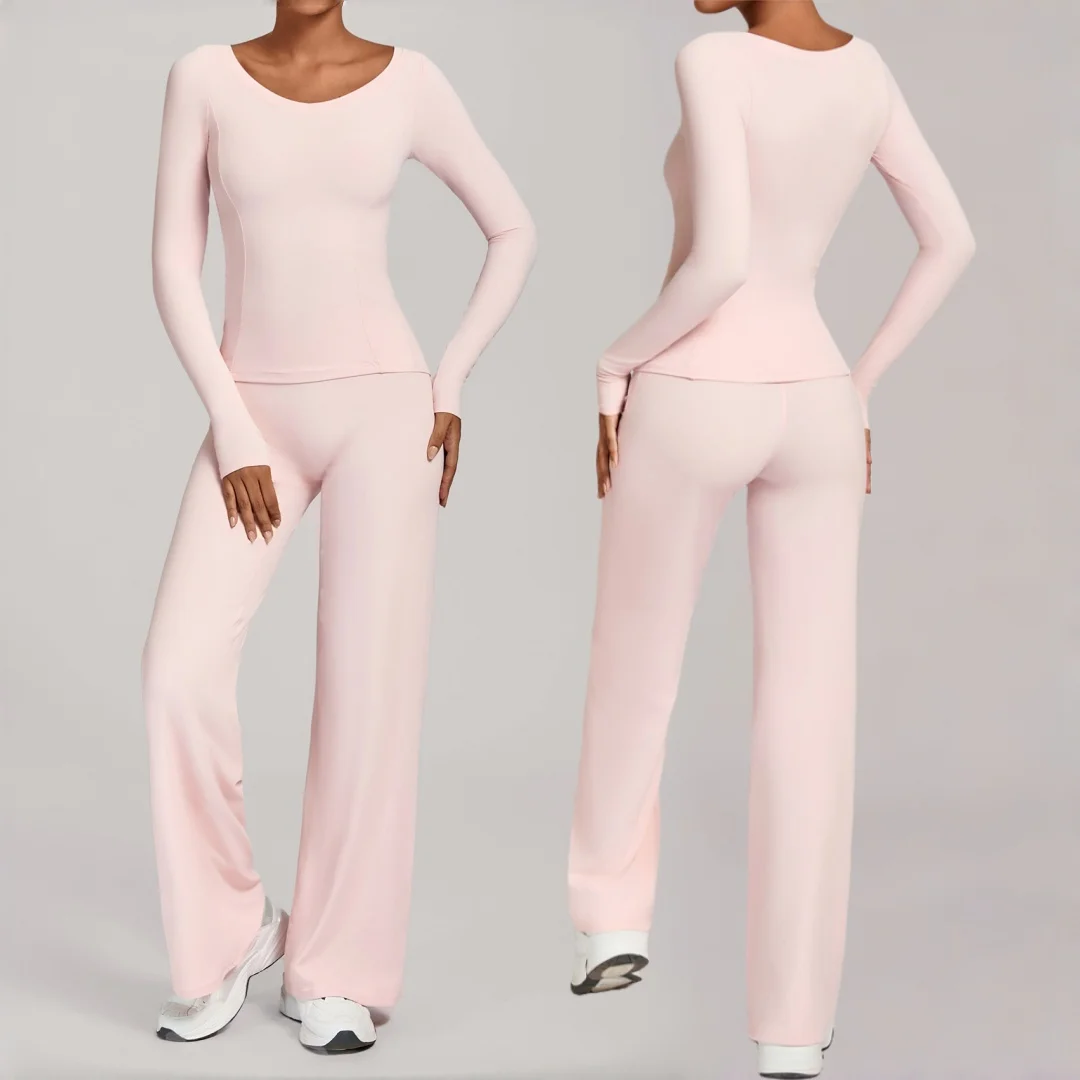 

Женский комплект для йоги, фитнес-спортивная обтягивающая футболка с длинными рукавами, брюки с прямыми штанинами, костюм для бега, тренировочная одежда, комплект из 2 предметов для спортзала