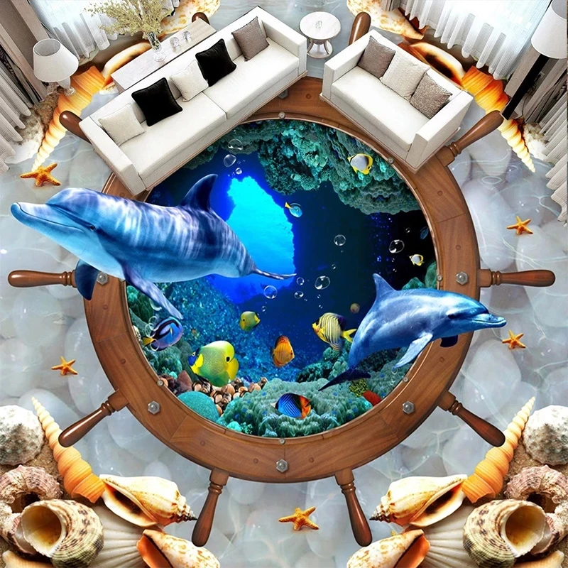 

Custom 3D Floor Sticker Underwater World Dolphin Self-adhesive Wallpaper Hotel Living Room Bathroom papel DE parede Waterproof