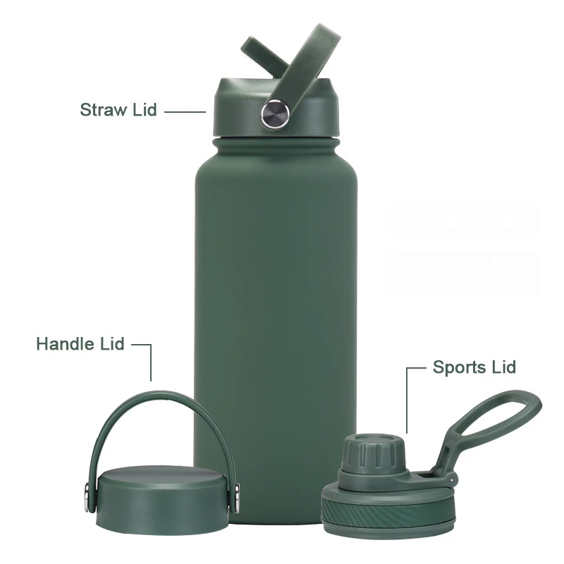 Stainless Steel Insulated Cup 1 Water Bottle With 3 Lids Portable Outdoor Sports Double Wall Vacuum Flasks Dining Thermoses 1L