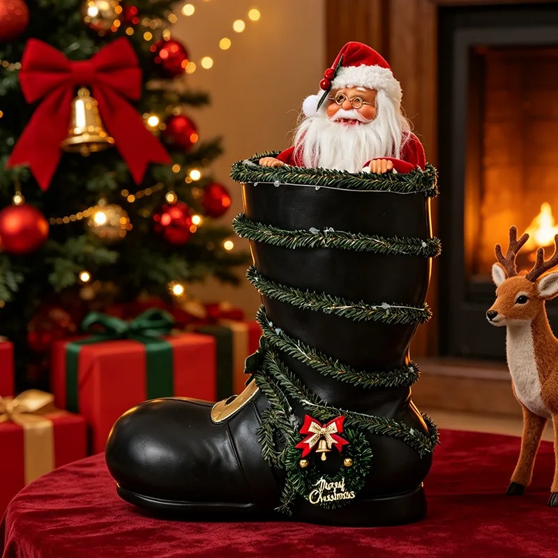 Christmas Decoration Creative Lighted Black Christmas Boots Electric Santa Claus Figurine Xmas Window Display Ornament