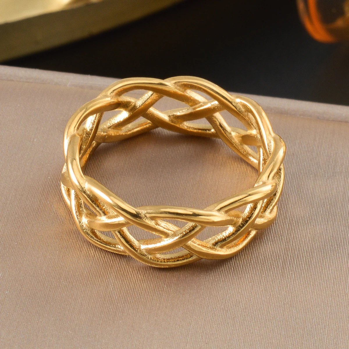 

Braided Stainless Steel Ring for Women Gold Plated Wrap Woven Vintage Modern Minimalist Jewelry Gift Idea for Valentine's Day