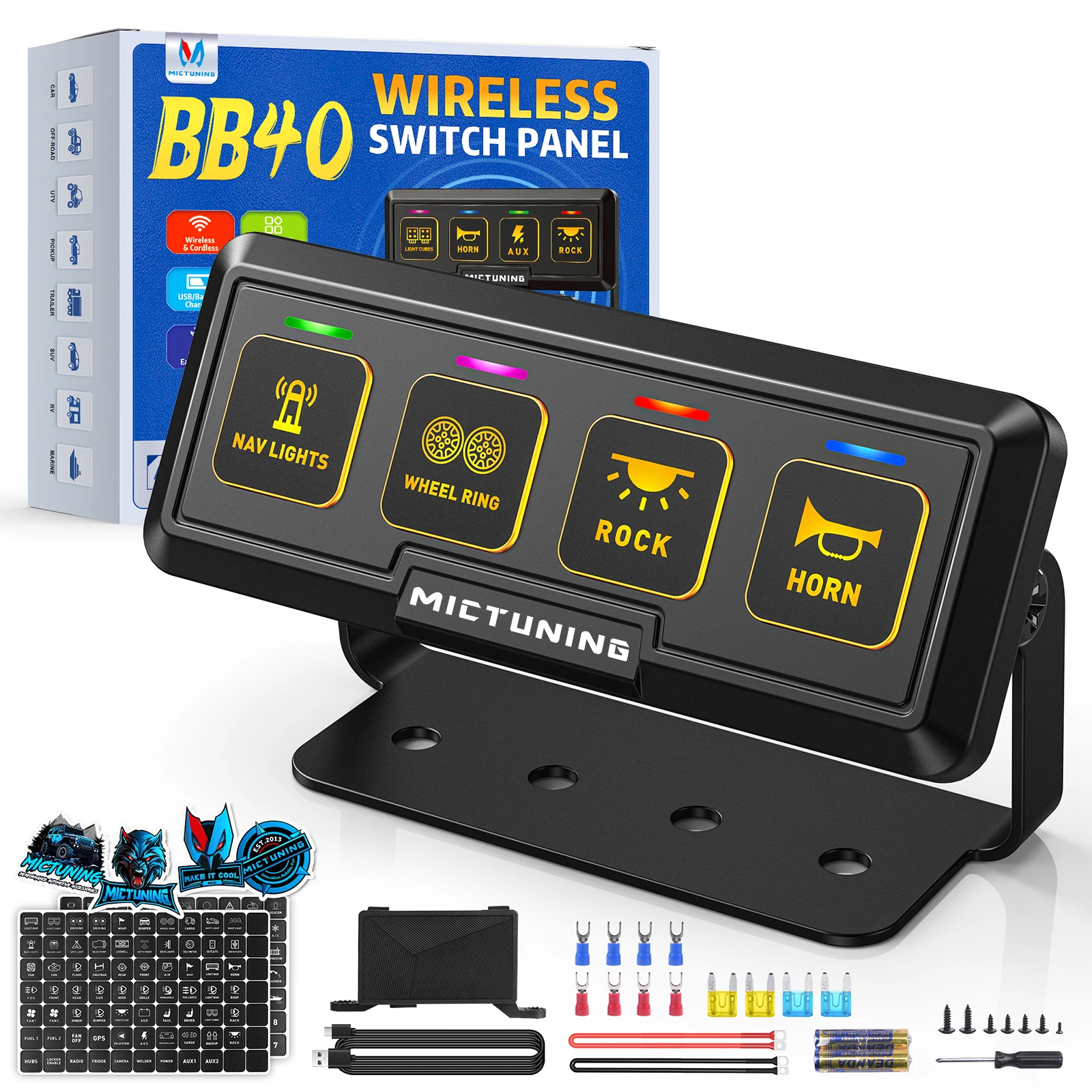 

MICTUNING BB40 4-Gang Wireless Switch Panel,164FT Control Range AAA Batteries/USB Powered,Universal for Offroad Truck Marine