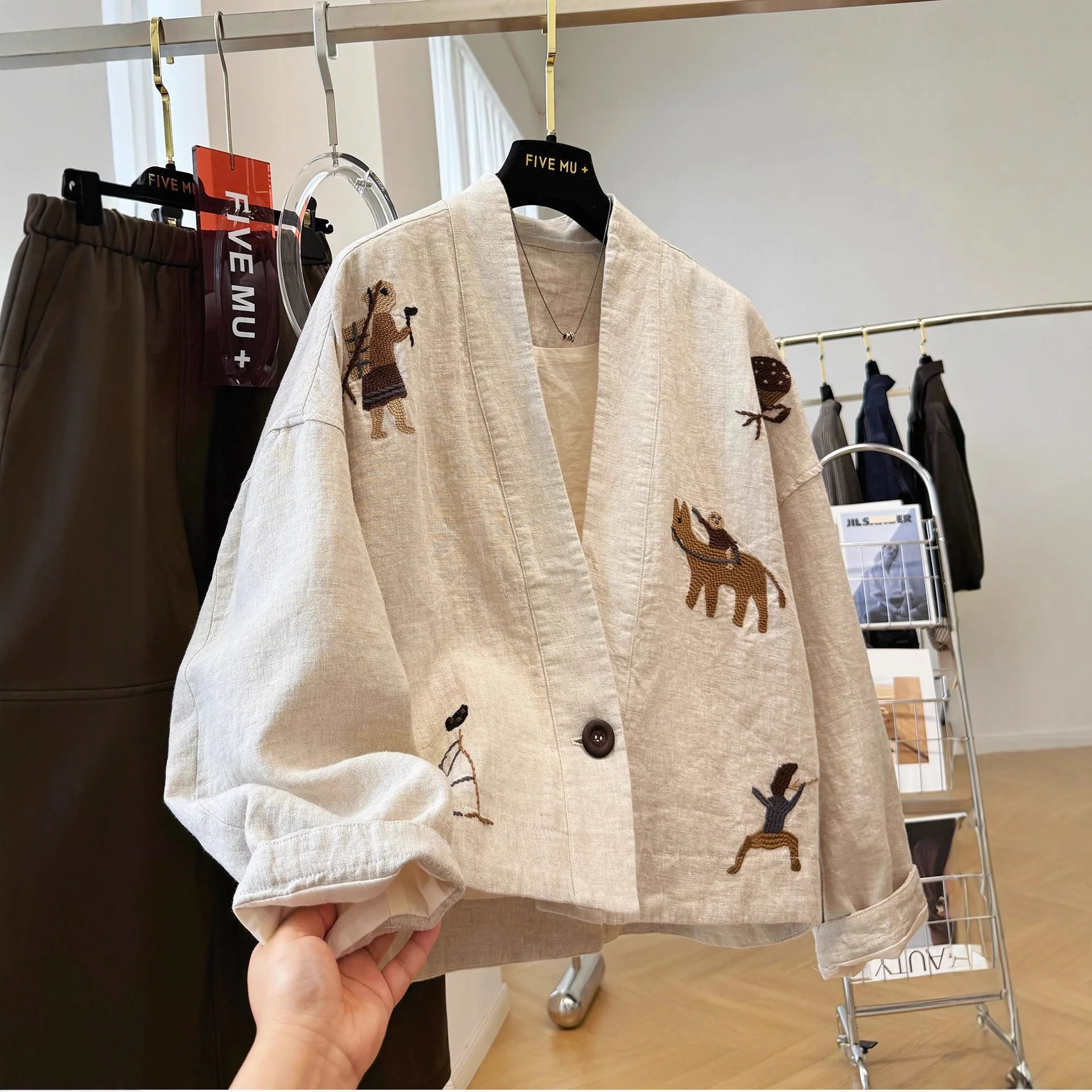 

Women Coats Embroidered Jackets V Neck Long Sleeves Single Button Slight Strech Wide Waisted Loose Fit Casual Office 2026 Autumn
