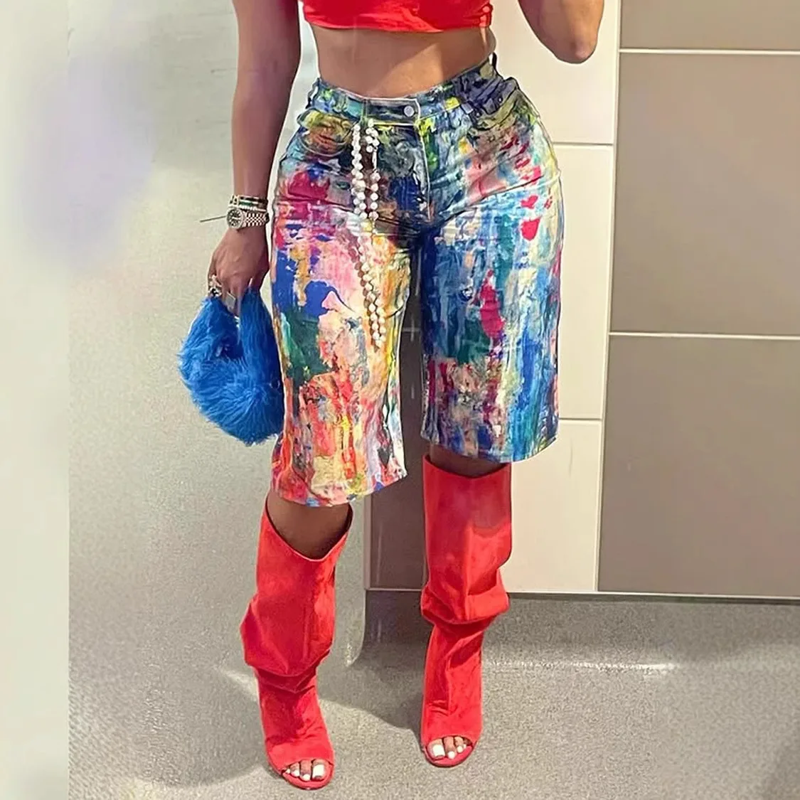 

Denim Shorts Women Knee Length Straight Jeans Print High Waist Distressed Washed Summer 2025 Streetwear Vintage Short Pants