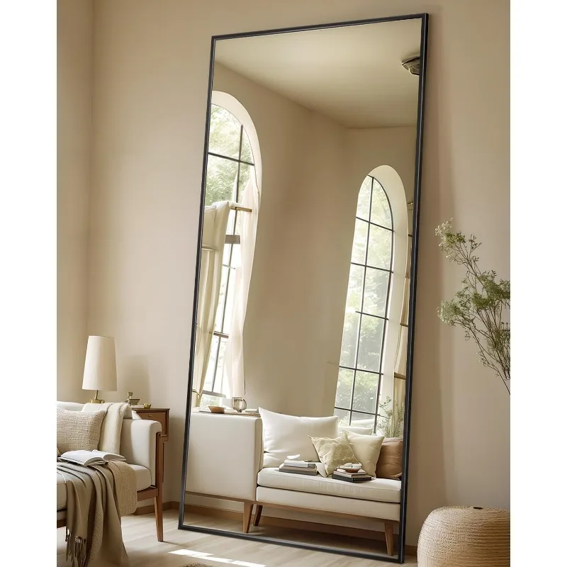 Miroir de sol pleine longueur avec support, grand miroir mural arqué, aéré, alliage d'aluminium, 71 po × 28 po