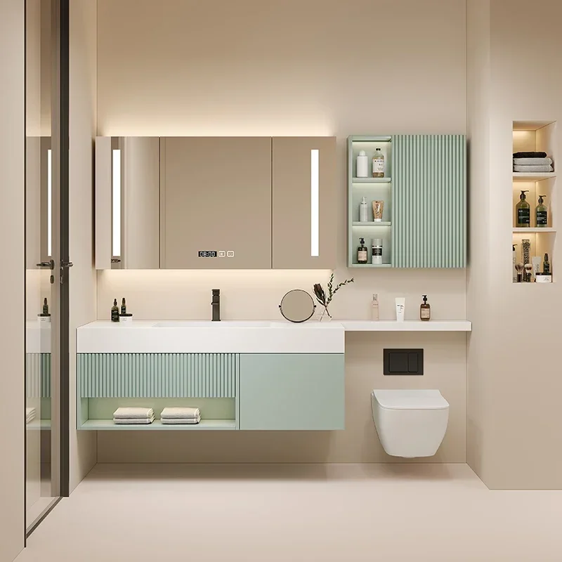 solid wood bathroom cabinet combination rock plate ceramic integrated basin toilet extension washbasin