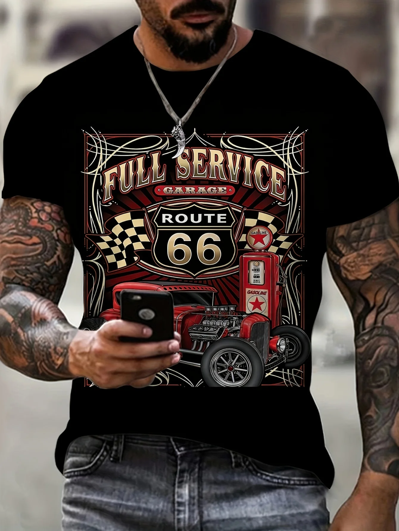 Lightweight| Men'S Route 66 Classic Car Graphic T-Shirt - Comfortable 100% Cotton Fabric, Short Sleeve, Crew Neck, Vibrant 3D