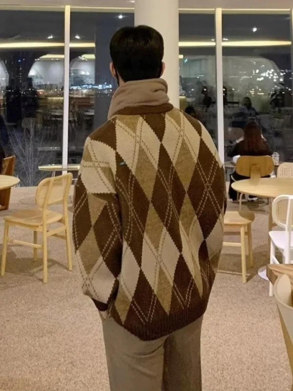 

Loose Fit Men's Knitted round Ne Casual Sweater Trendy Oversize Diamond Patterned Pullover Autumn Winter Outerwear