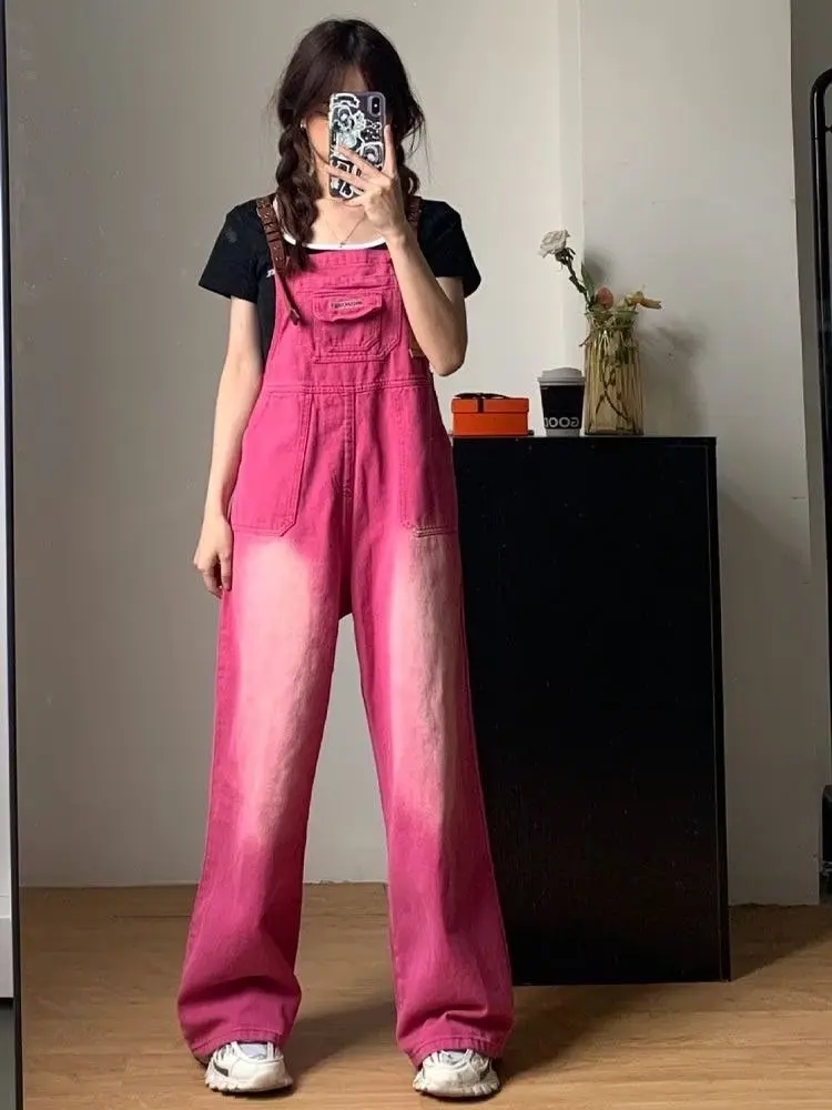 Y2k Pink Baggy Jeans Overalls For Women Wide Leg Pants Rompers Summer 2023 Casual Retro Denim Jumpsuit Trousers Female Playsuits