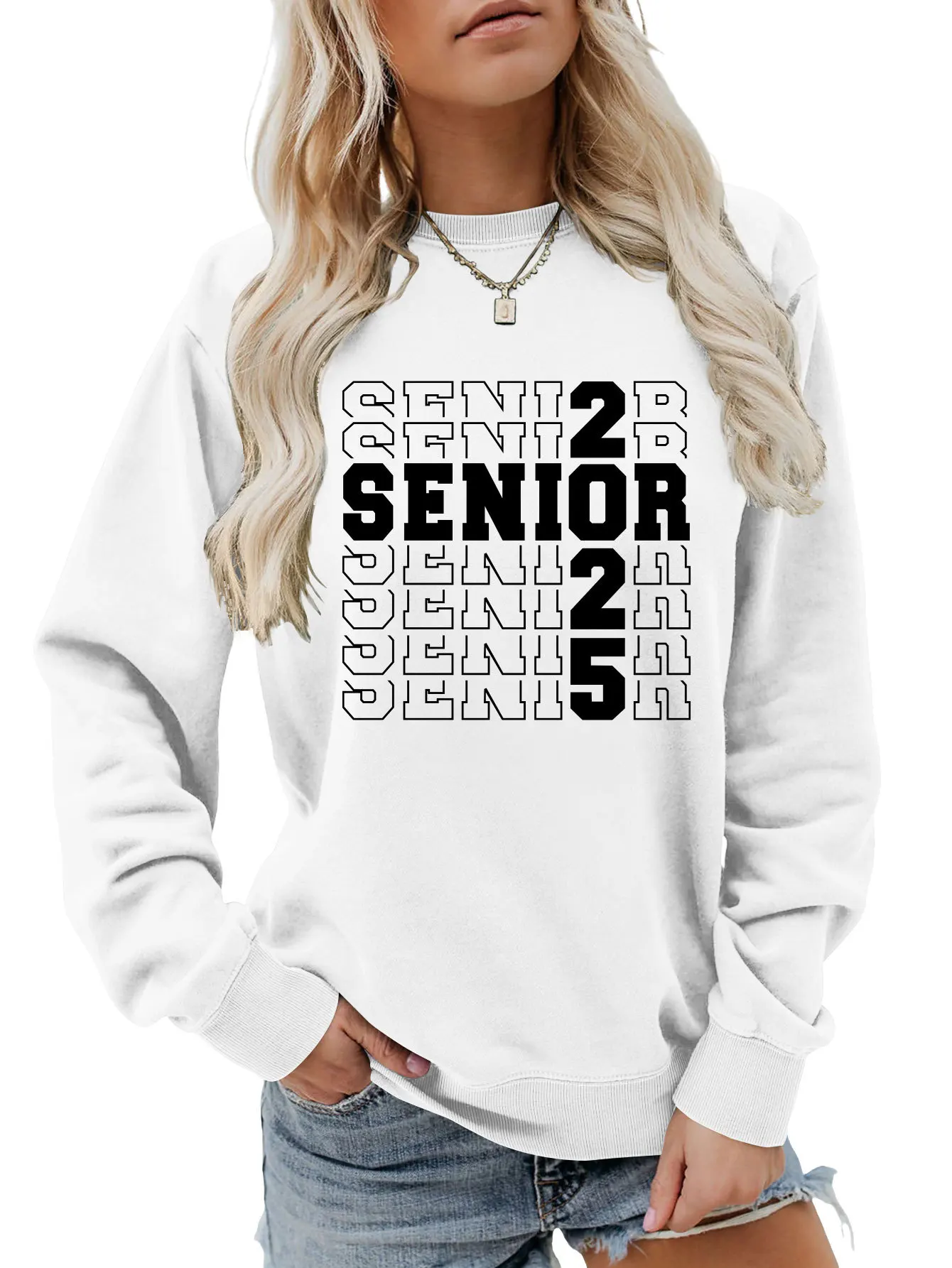 Autumn new crew-neck women\'s casual T-shirt hoodie senior 2025 printed loose long-sleeved top with all fashion pullover