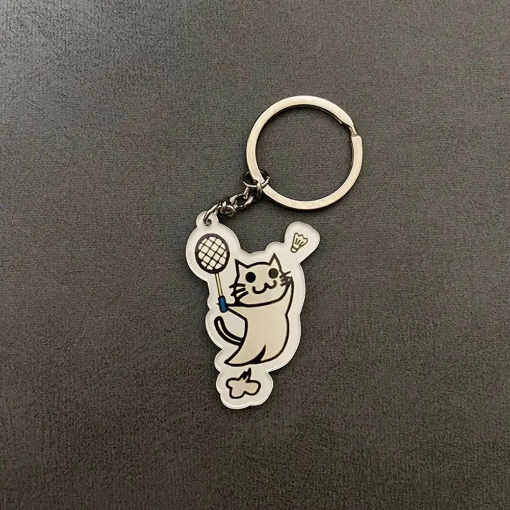 Acrylic Key Chains Bag Hanging Pendant Car Keyring Creative Cartoon Double Sided Cat Play Badminton Keychain Friend Gift