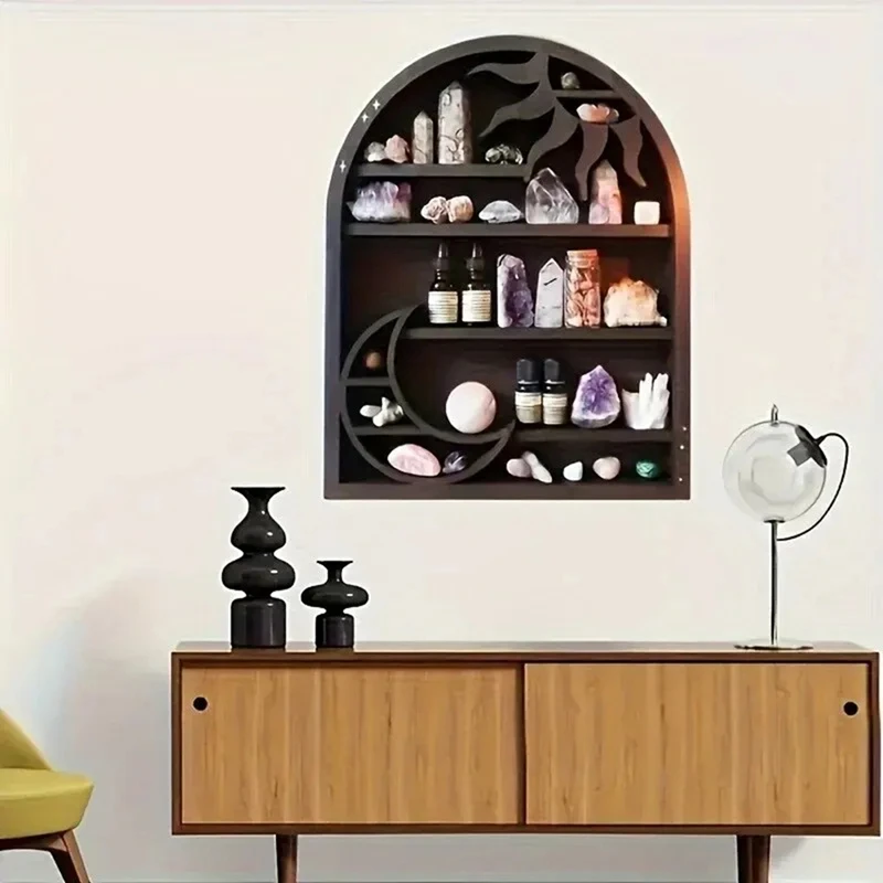 Wood Storage Shelf - Stylish And Practical Wall Shelf, Crescent Sun And Moon Crystal Shelf