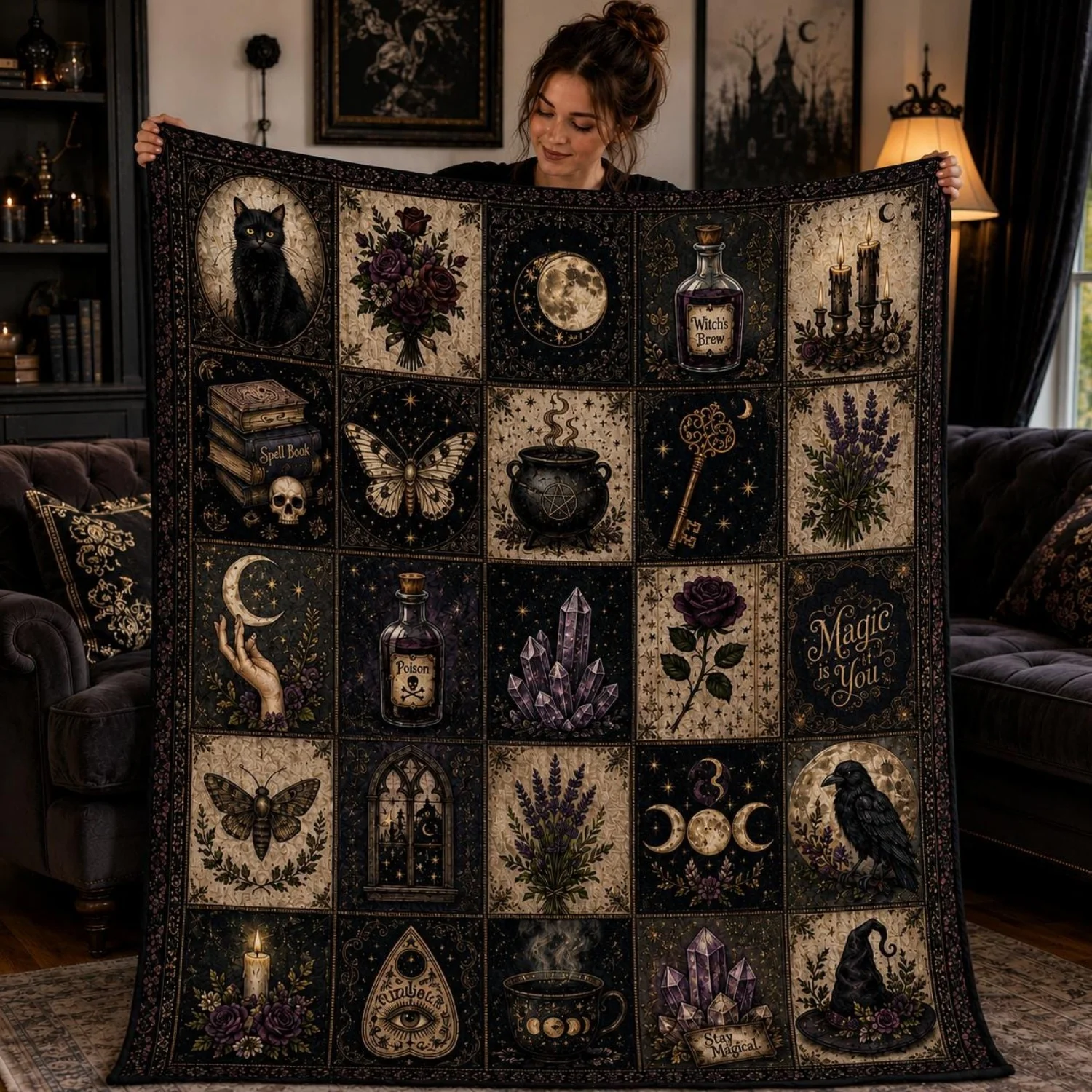 1pc Fall Flannel Blanket,Gothic Witch Blanket,Gothmas celestial decor bridging Halloween into Christmas