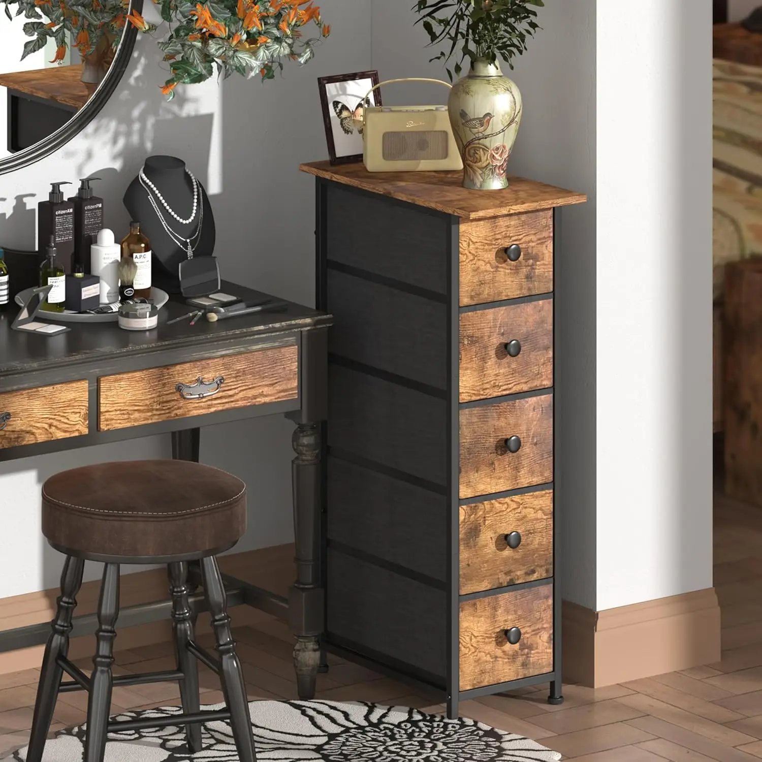 

Narrow Dresser Vertical Slim Chest of Drawers Skinny Storage Tower for Small Spaces Closet Bedroom Bathroom with 5 Fabric