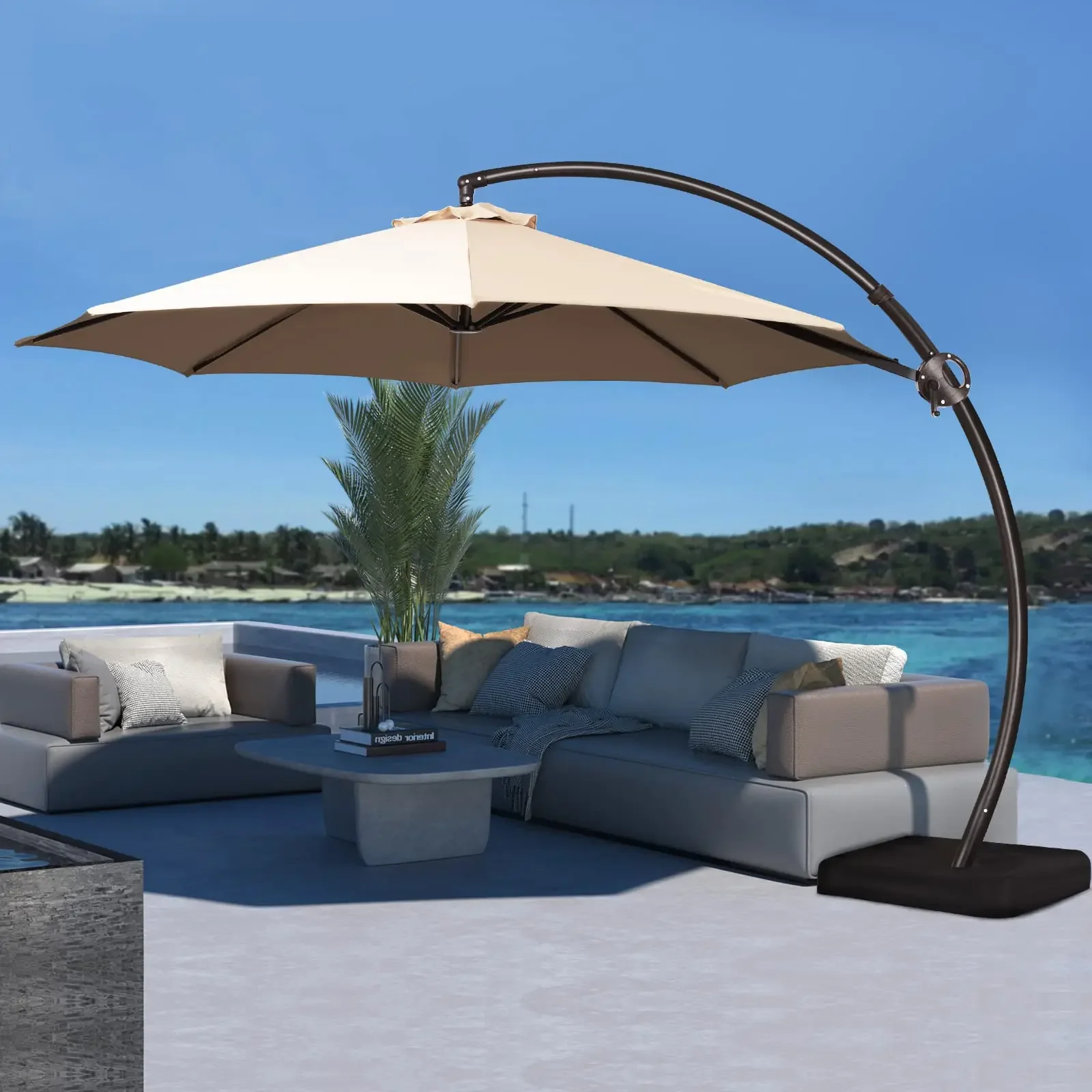 

Curvy Patio Umbrella Large Outdoor Offset Hanging Umbrella Heavy Duty Sun Umbrella with Sandbag Base for Courtyard
